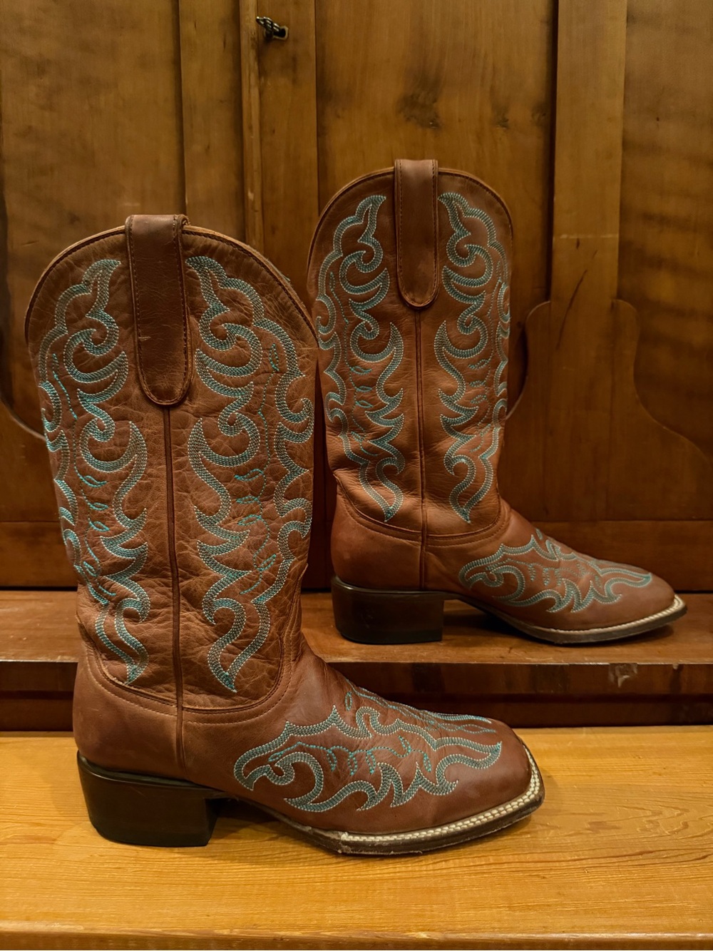 Cavender's Women's Brown Leather Cowboy Boots Turquoise Stitch Sz 8